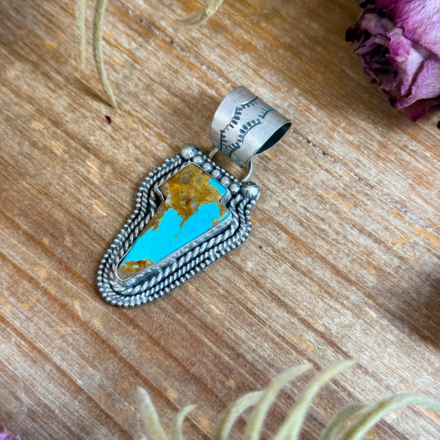 Sterling Silver Kingman Turquoise Lightning Bolt Pendant – Made by Artist Shay Pfeiffer