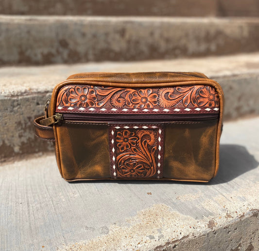 Rustic Leather & Tooled Toiletry Bag