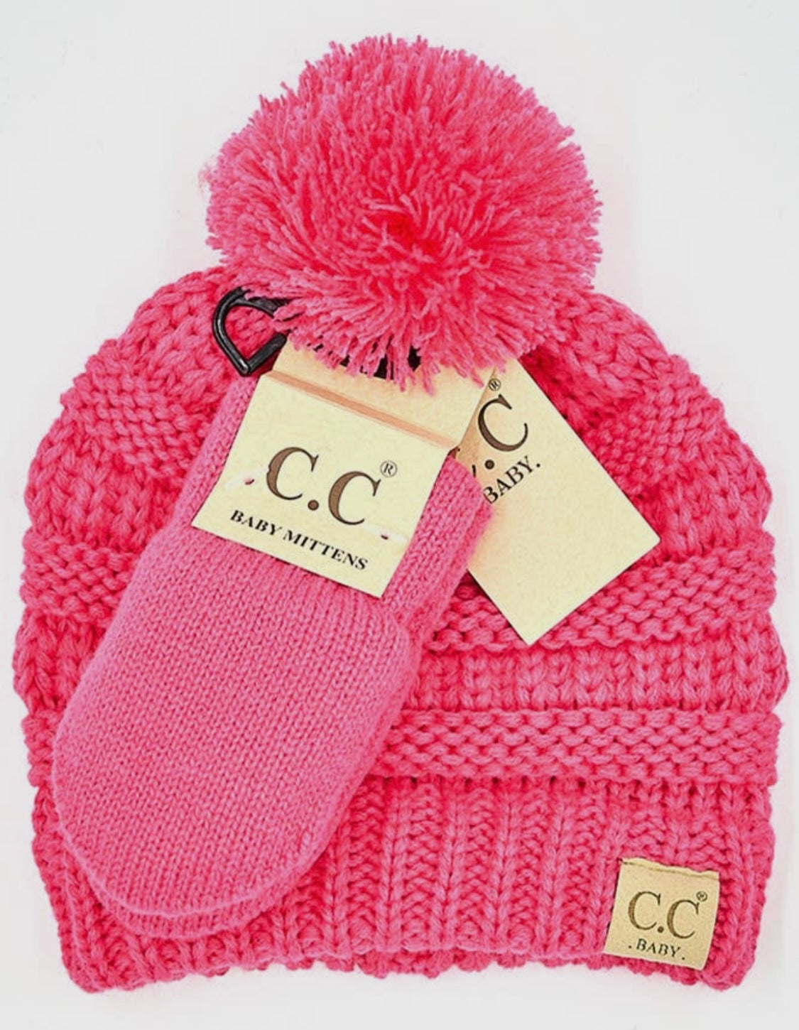 CC solid Ribbed Baby Pom Beanie and Mittens