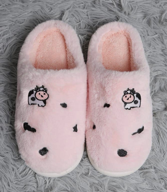 Fuzzy Cow Embroidered Slippers