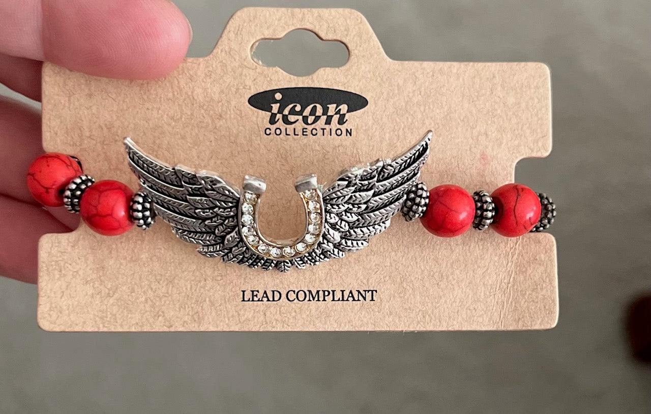 Horseshoe Angel Wing Red Bead Stretch Bracelet