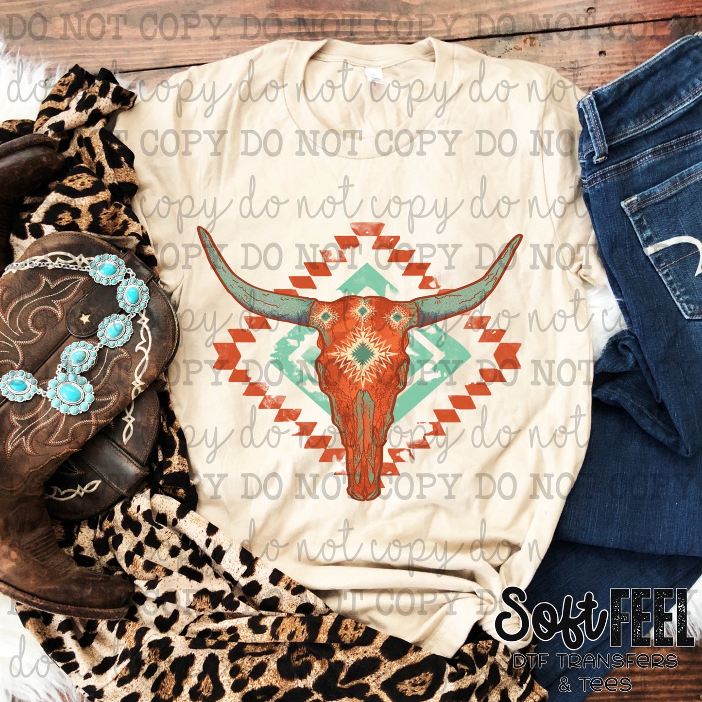 Aztec Cow Skull - country western - Direct To Film Transfer / DTF - Heat Press Clothing Transfer