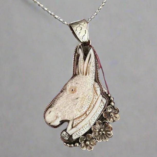 Ornate Bone donkey pendant in Tibetan Silver Florals