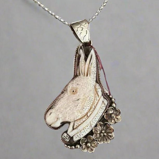 Ornate Bone donkey pendant in Tibetan Silver Florals