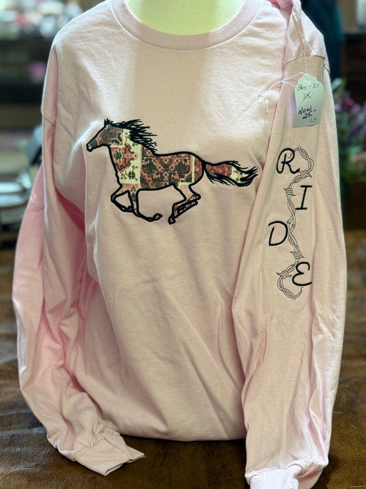 Barn Star Swag Barb Wire Ride Embroidered Pale Pink Long sleeve