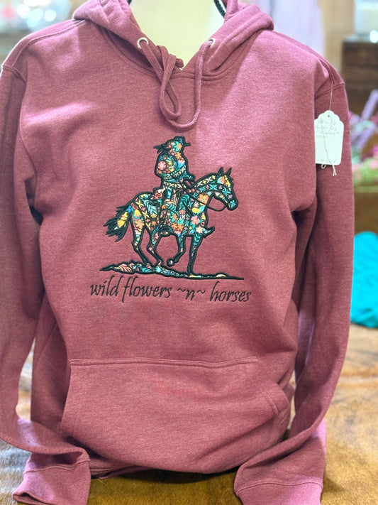 Barn Star Swag Heather Red Wild Flowers N Horses Hoodie