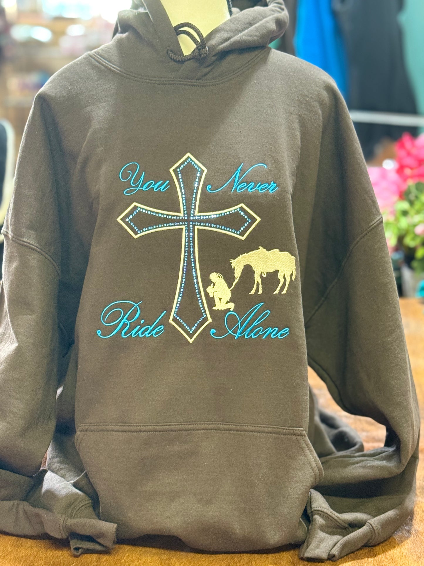 Barn Star Swag You Never Ride Alone Bling Cross Hoodie in brown