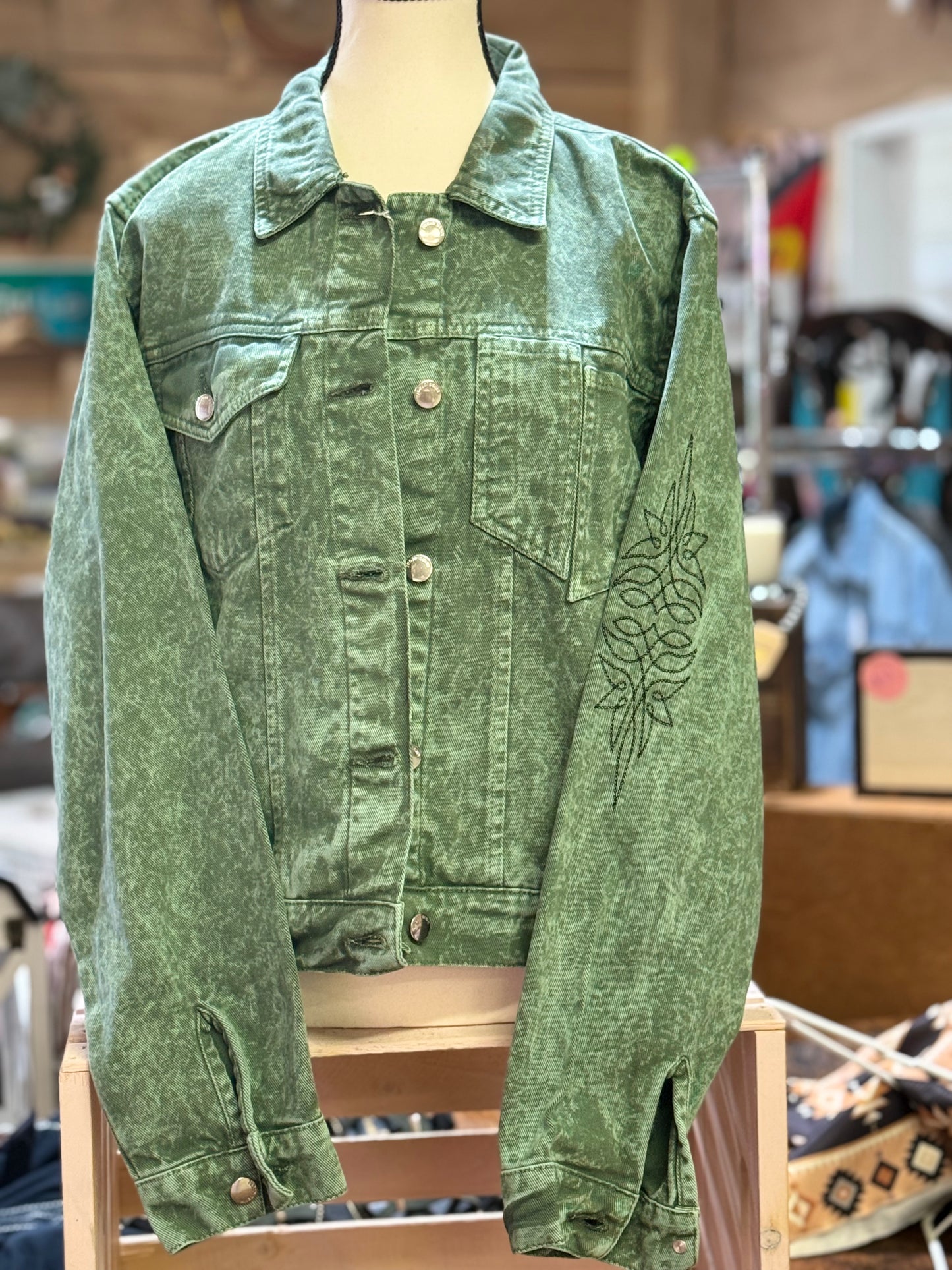 Barn Star Swag Green Embroidered Boot Stich Denim Jacket with Boot Stitch on Arm