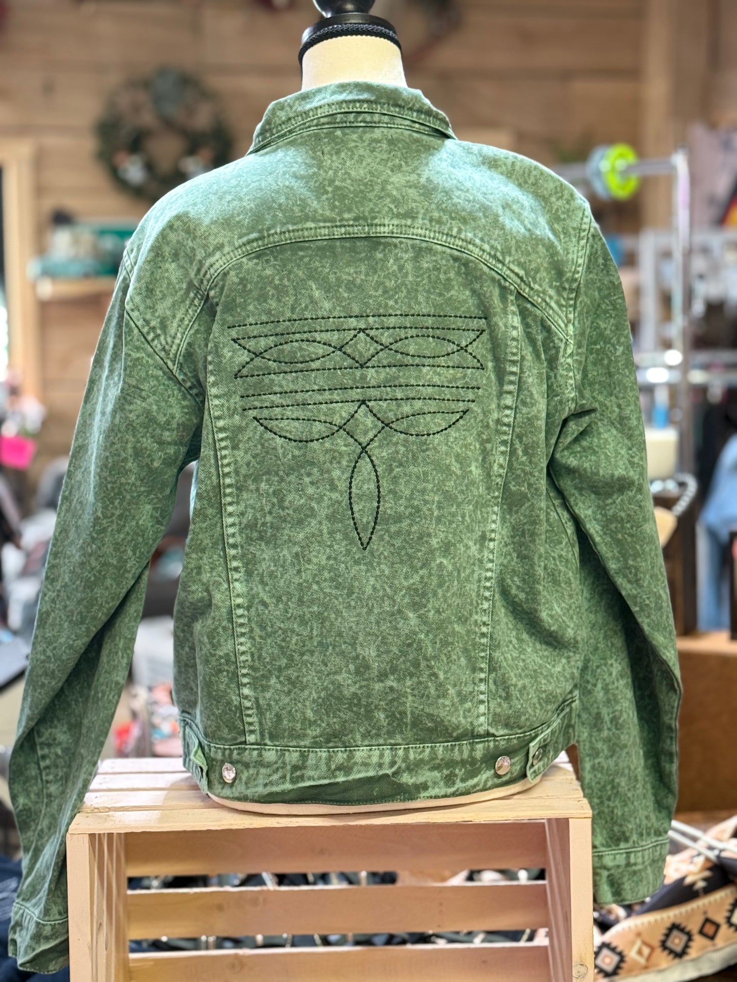 Barn Star Swag Green Embroidered Boot Stich Denim Jacket with Boot Stitch on Arm