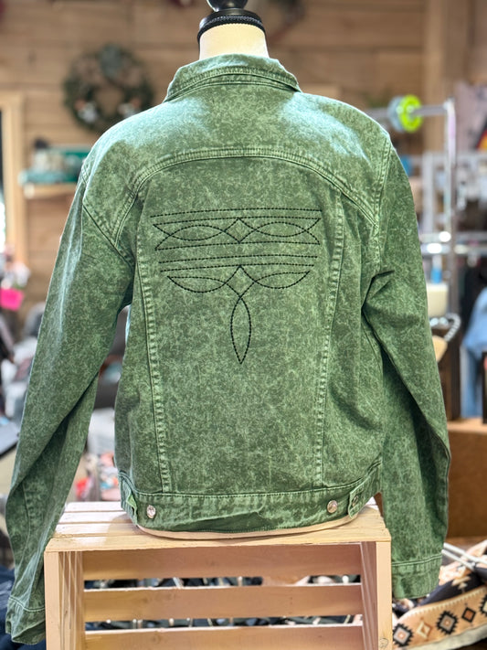 Barn Star Swag Green Embroidered Boot Stich Denim Jacket with Boot Stitch on Arm