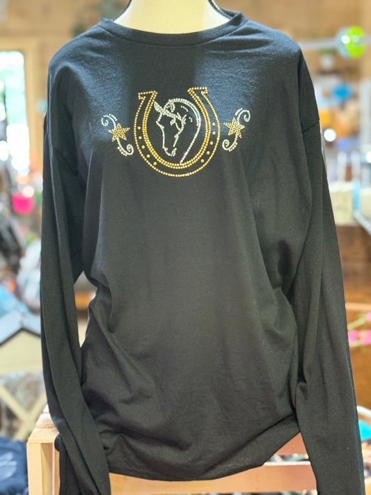 Barn Star Swag Long sleeve Bling Horse and Horseshoe Top