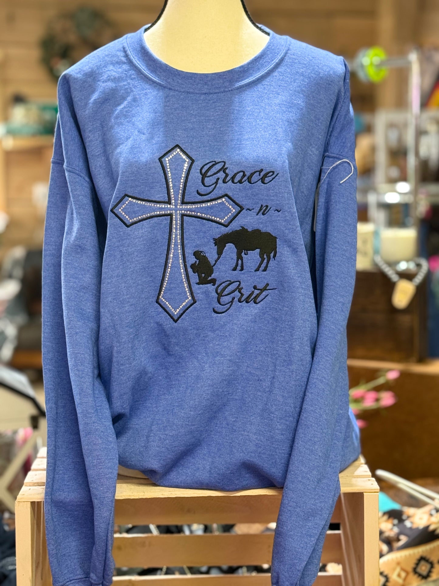 Barn Star Swag Bling Embrodiered Grace and Grit Crew neck