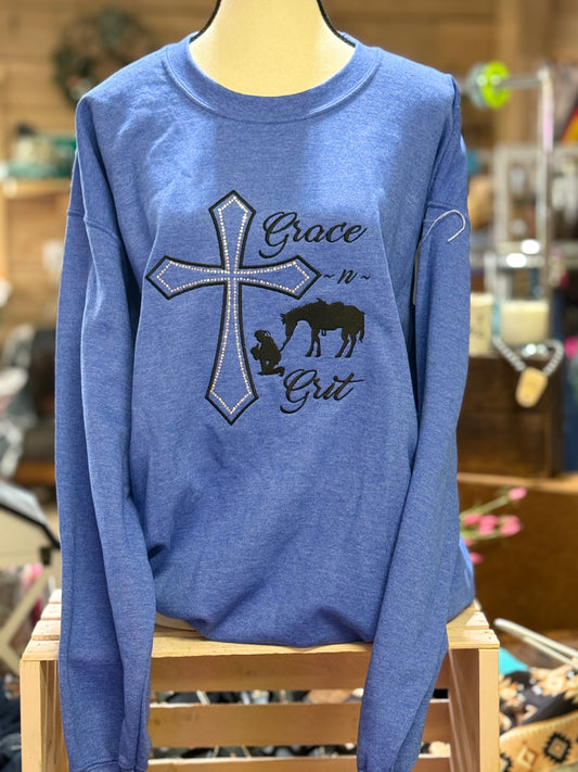 Barn Star Swag Bling Embrodiered Grace and Grit Crew neck