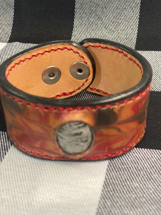 Red Leather Cuff with Grey Stone