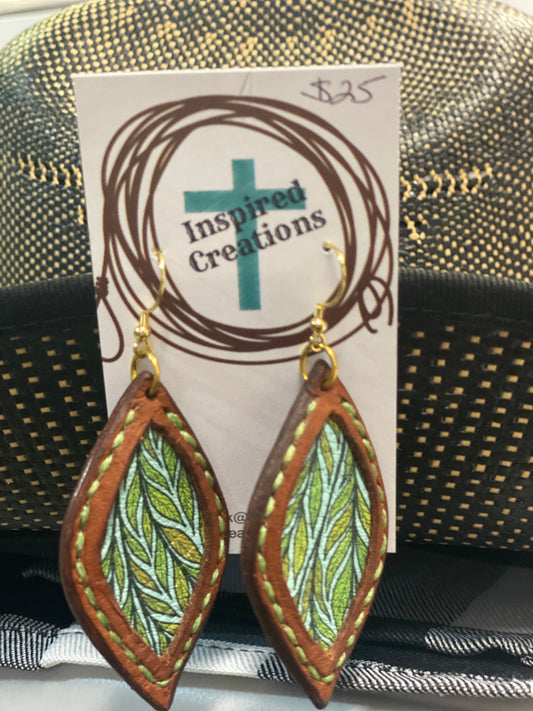 Feather Leather Earrings with Green Backstitch