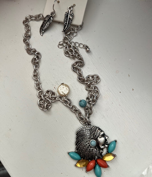 Native American Indian Chief Necklace Set with Feather Earrings