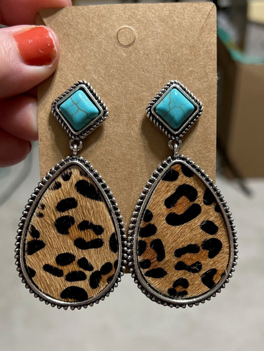 Leopard & Turquoise Stud Back Oval Earrings
