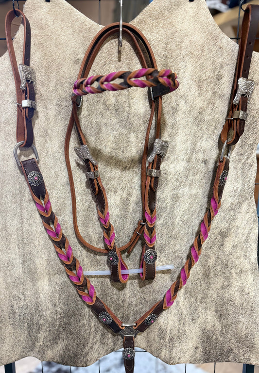 Genuine Leather Twist Brow band headstall and Matchibng Breat Collar Set