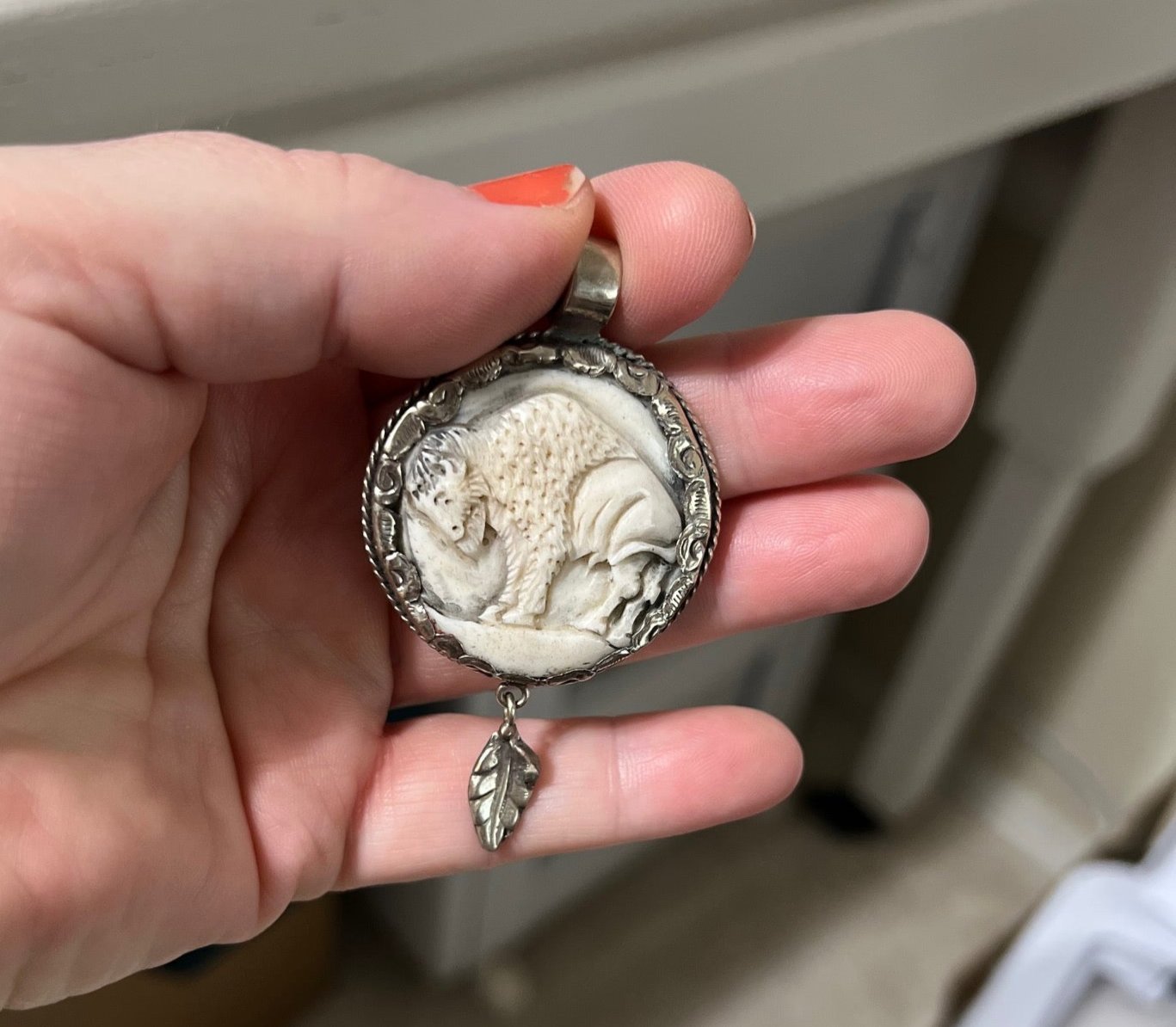 Tibetan Silver Buffalo/Indian Hand Carved Bone Pendant