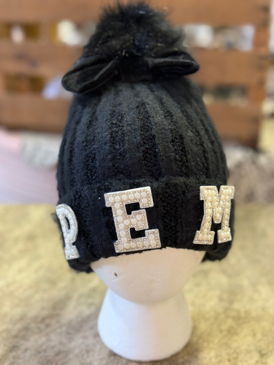 PEM White Bling Patch Bow Stocking Hat