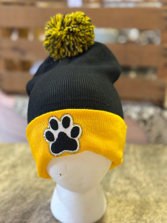 Yellow and Black Paw Print Pom Stocking Hat