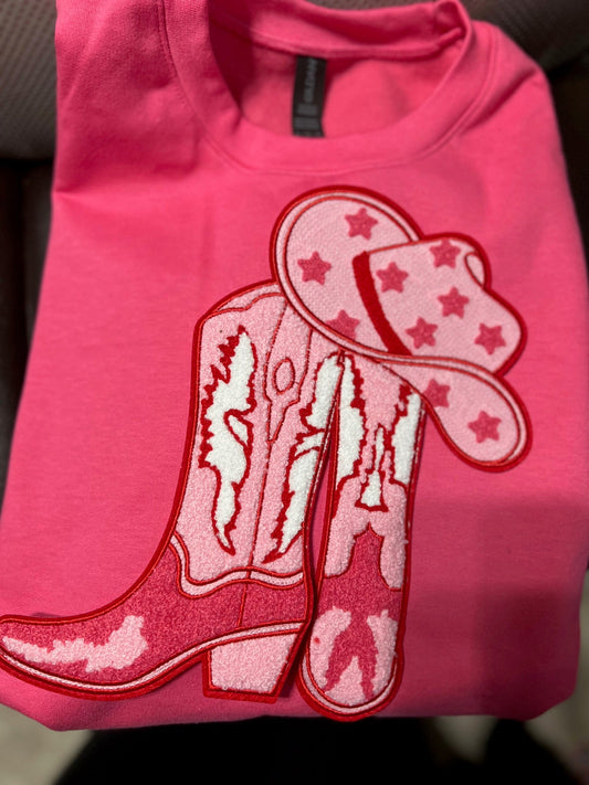 Pink Cowgirl Hat and Boot Chenille Crew Sweatshirt