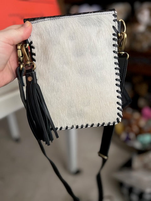 Cowhide and Tooled Leather Leopard Crossbody with Key Chain Wallet