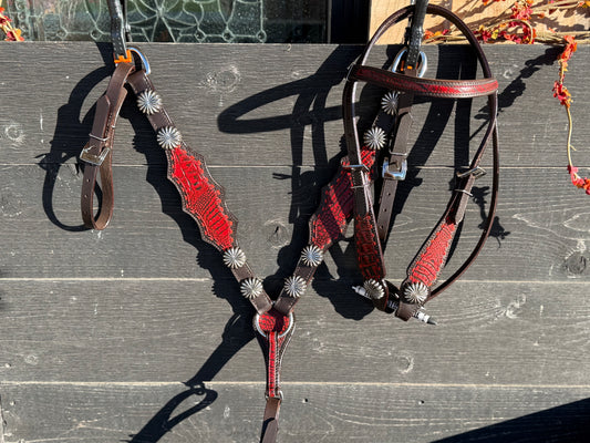 Crimson Red Genuine Leather Brow Band andBreast Collar Tack Set