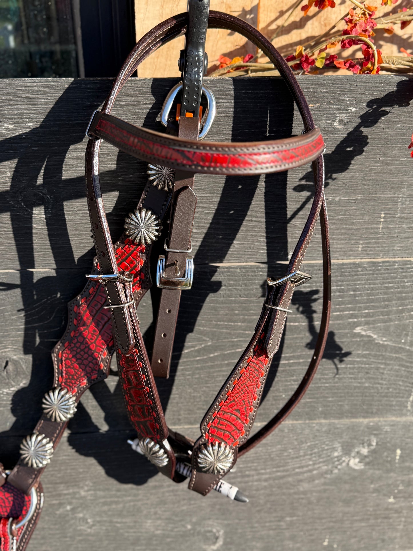 Crimson Red Genuine Leather Brow Band andBreast Collar Tack Set