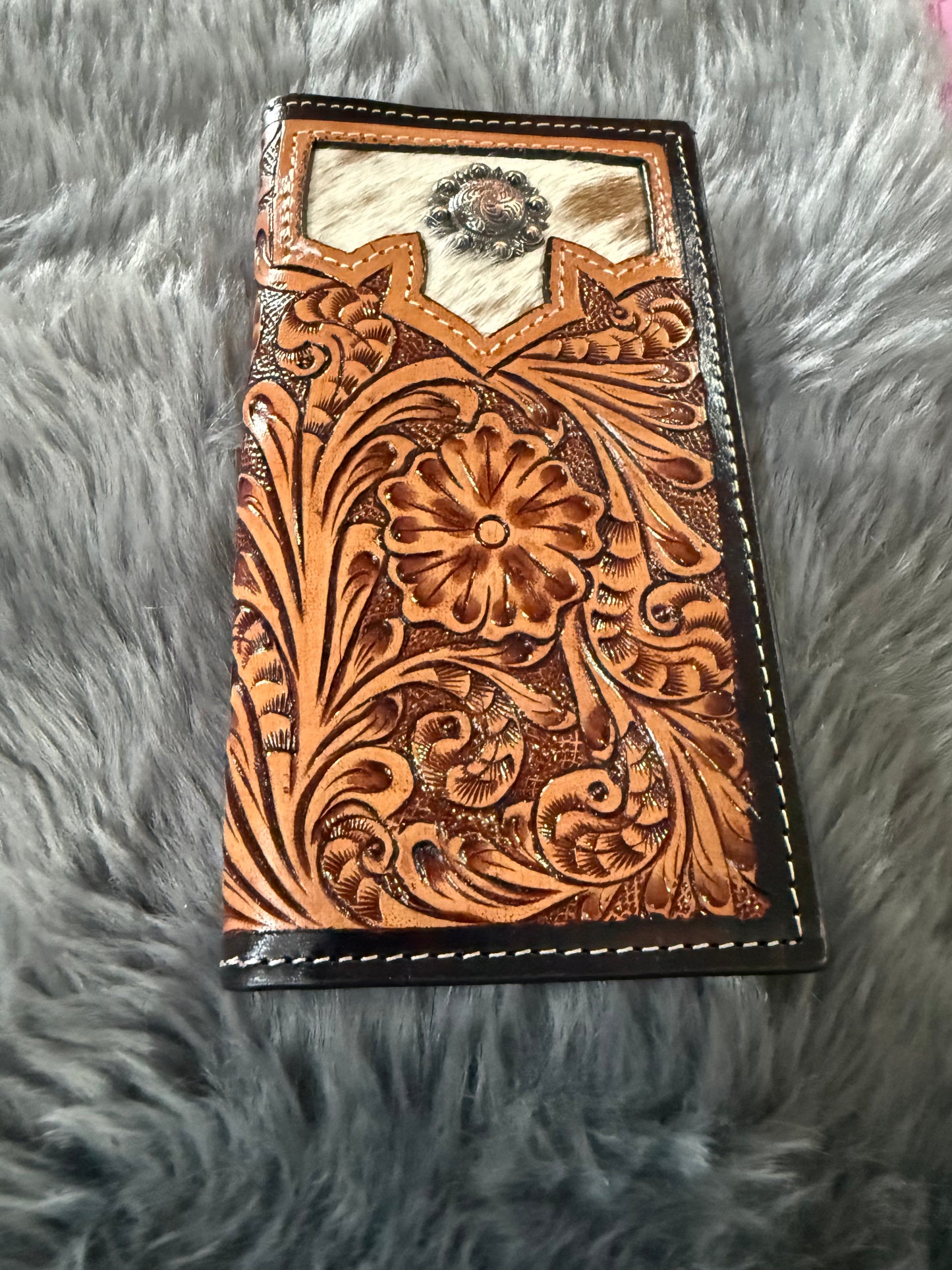 Genuine Tooled leather with hair on hide Check book/Wallet