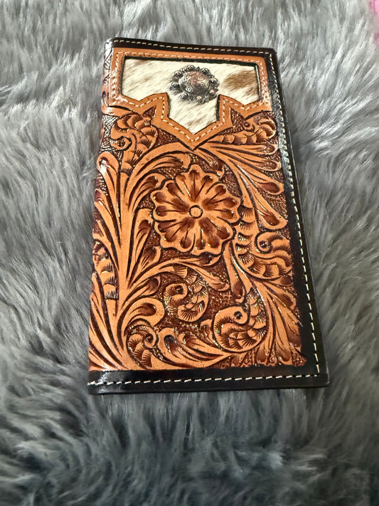Genuine Tooled leather with hair on hide Check book/Wallet