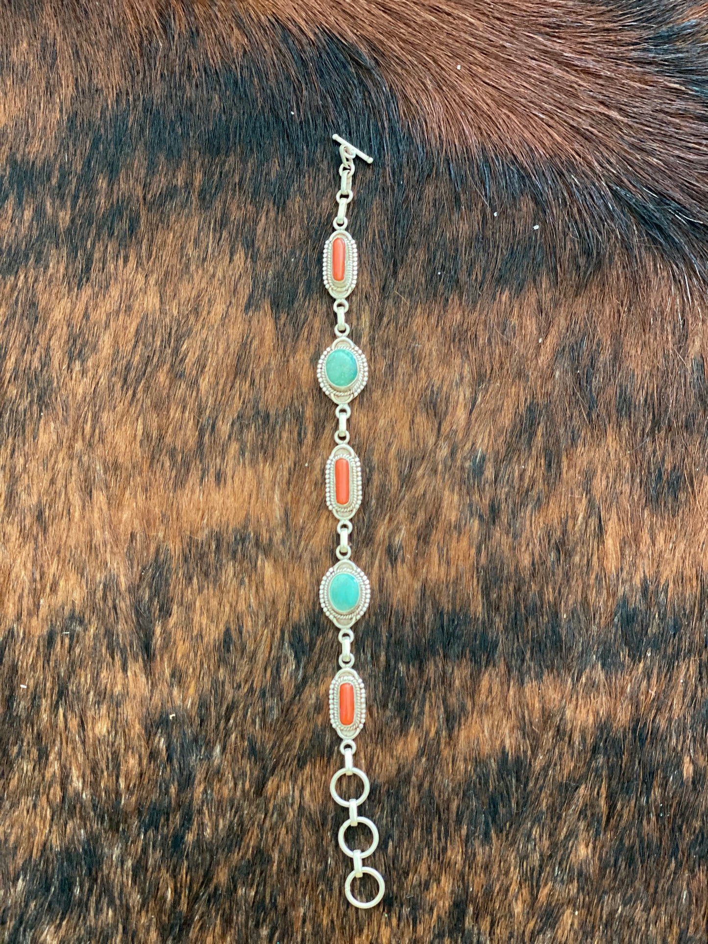 Turquoise and Coral on 925 Sterling Silver Bracelet