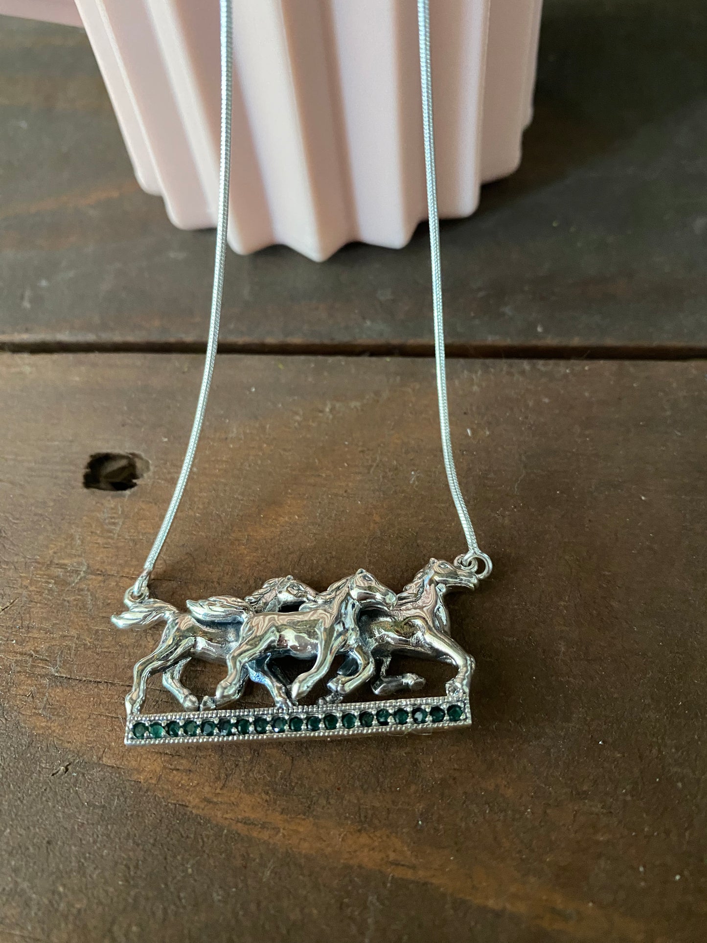 Running Horse 925 Sterling Silver Necklace with Real Emeralds