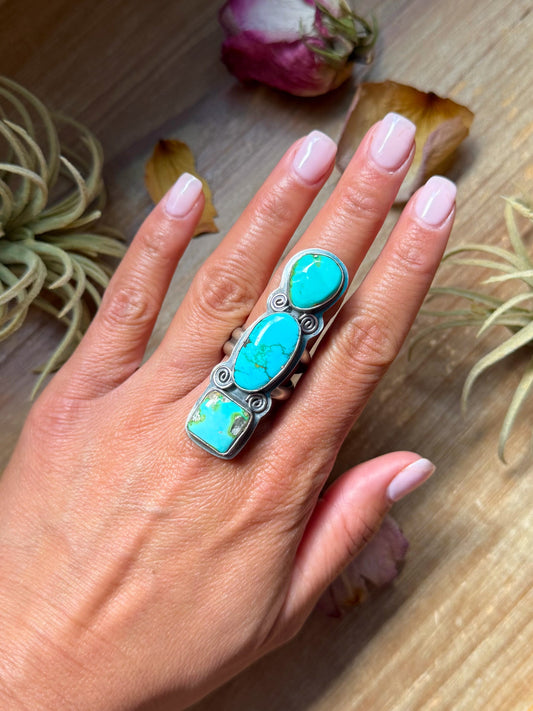 3-Stone Sonoran Turquoise Sterling Silver Ring – Adjustable