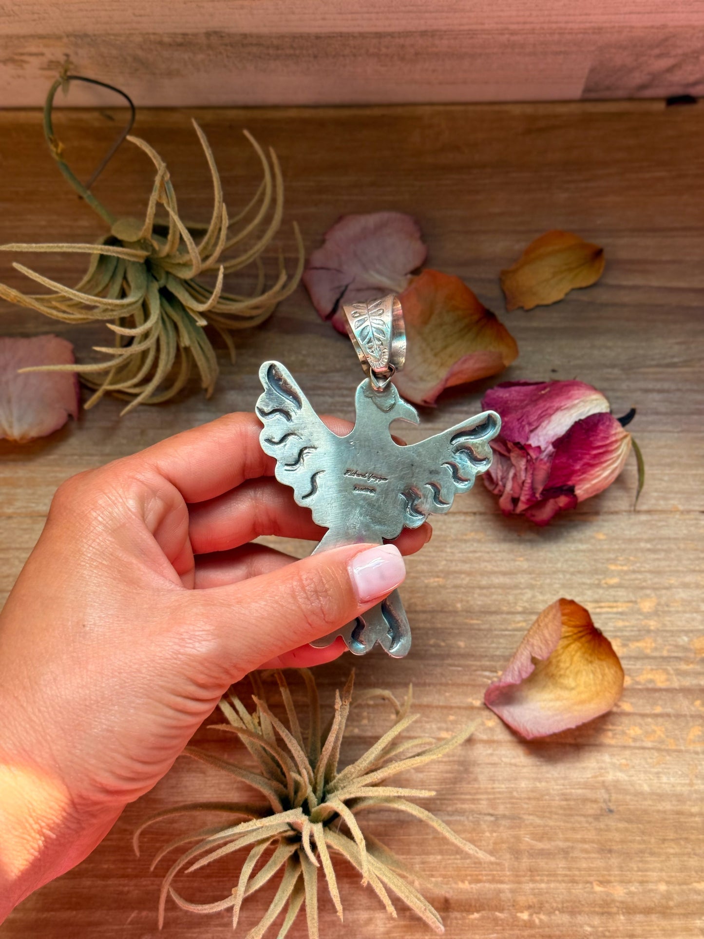 Thunderbird Pendant – Red Coral & Turquoise – Stamped Richard Yazzie