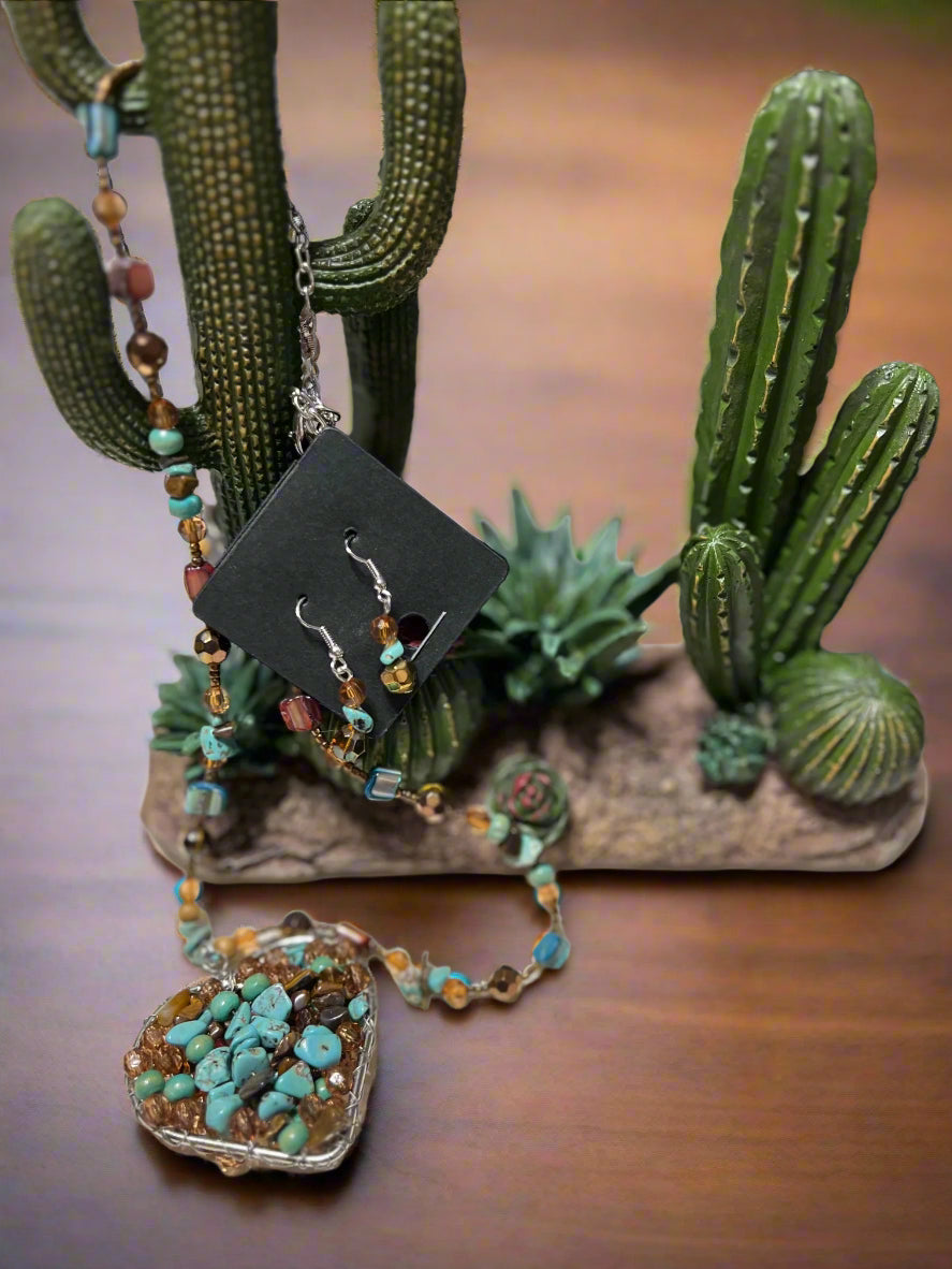 Crushed Stone Heart Necklace and Earrings