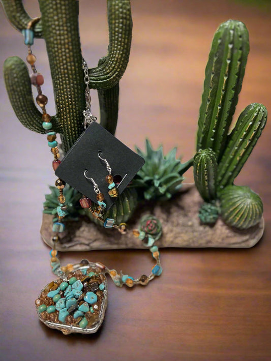 Crushed Stone Heart Necklace and Earrings