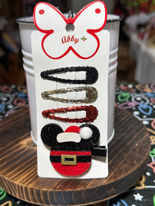 Glitter Barrette With Christmas Mickey Mouse Clip set of 4  Great Stocking Stuffer