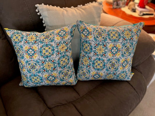 Mediterranean Turquoise and Yellow Tiled  Pillow Covers - Set of 2