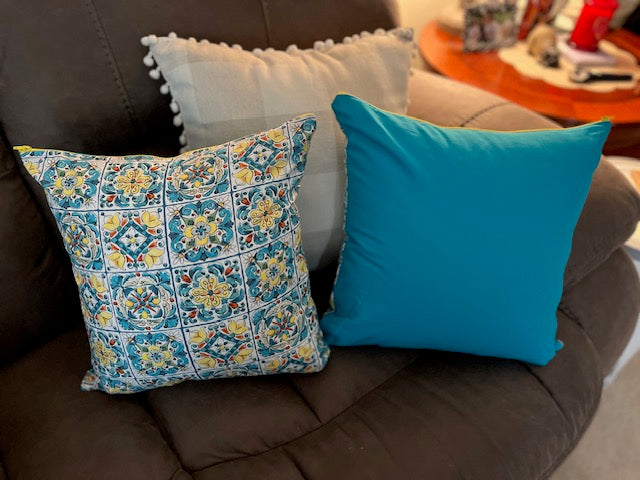 Mediterranean Turquoise and Yellow Tiled  Pillow Covers - Set of 2