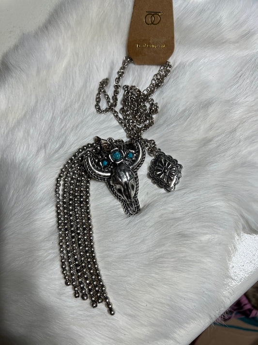 Silver Bullhead/Turquoise Stone with Tassel 30 inch Necklace
