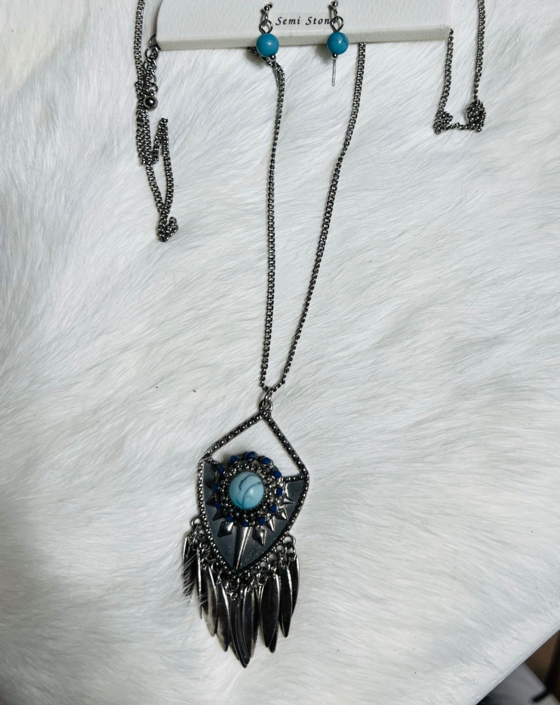 Arrowhead Necklace with Feather Charms and Mini Semi-Stone Earrings