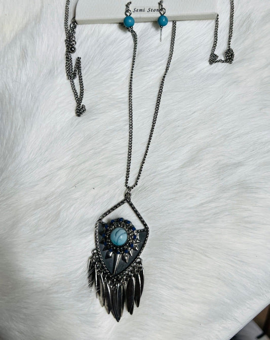 Arrowhead Necklace with Feather Charms and Mini Semi-Stone Earrings