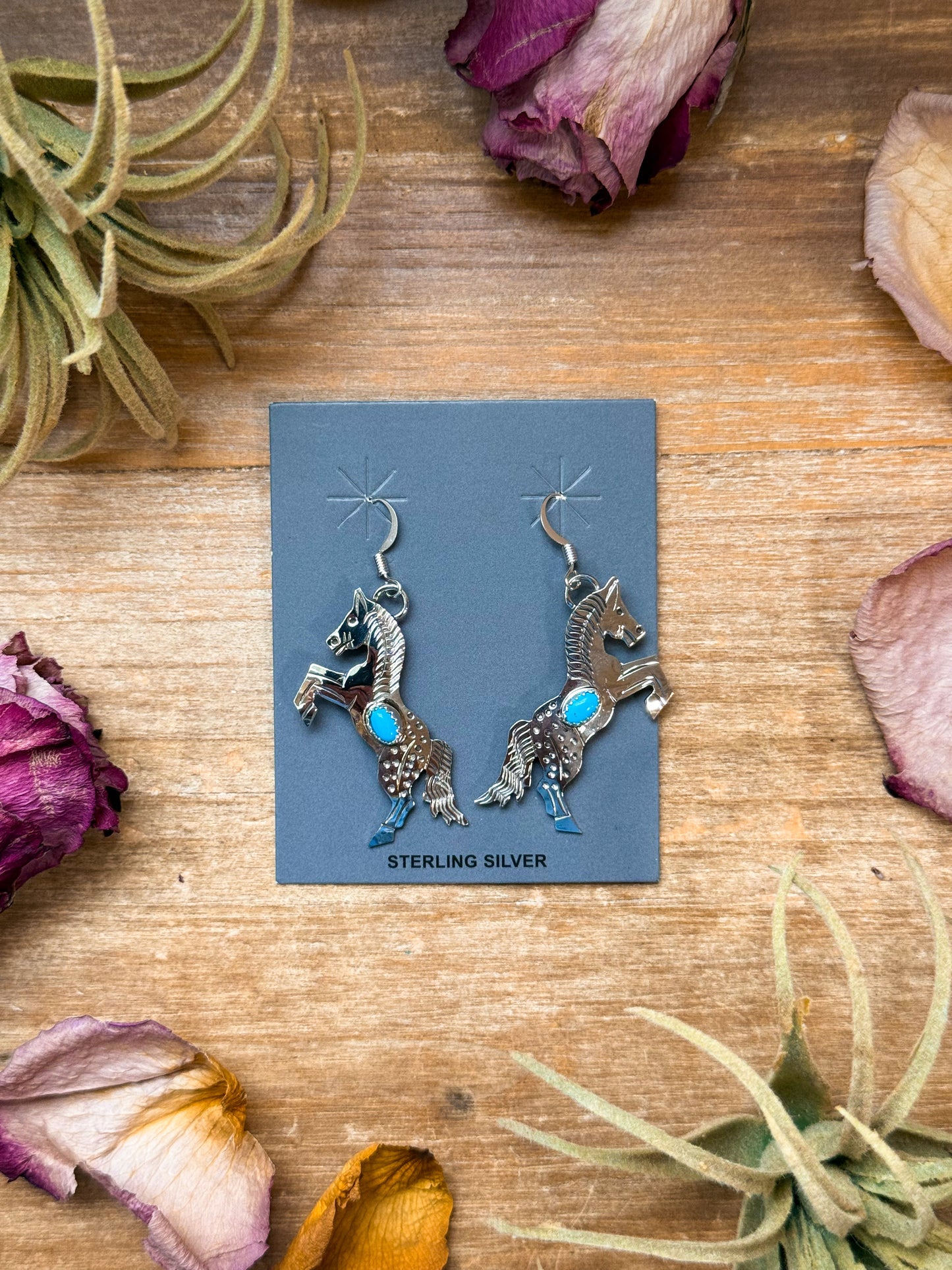 The Trouble – Sterling Silver Horse Earrings with Kingman Turquoise – Native Made by L.Y.