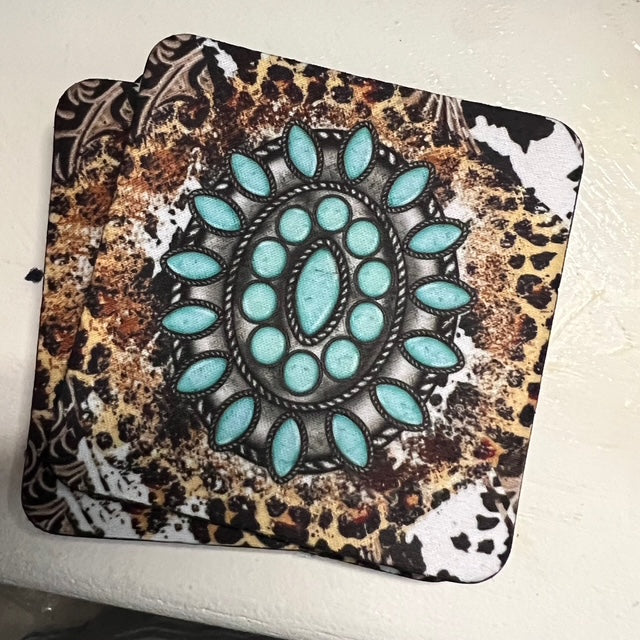 Turquoise Concho and Leopard Neoprene 4 Inch Square Coasters - Set of 4