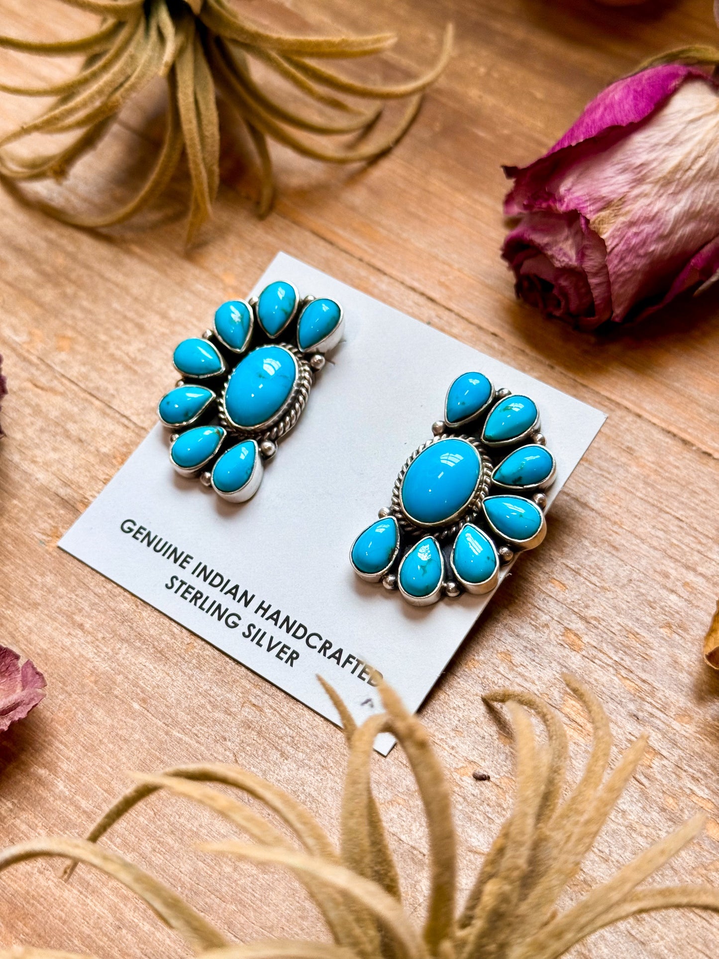 Sterling Silver Kingman Turquoise Half Cluster Earrings – Native Made by E. Richards (Navajo Artist)