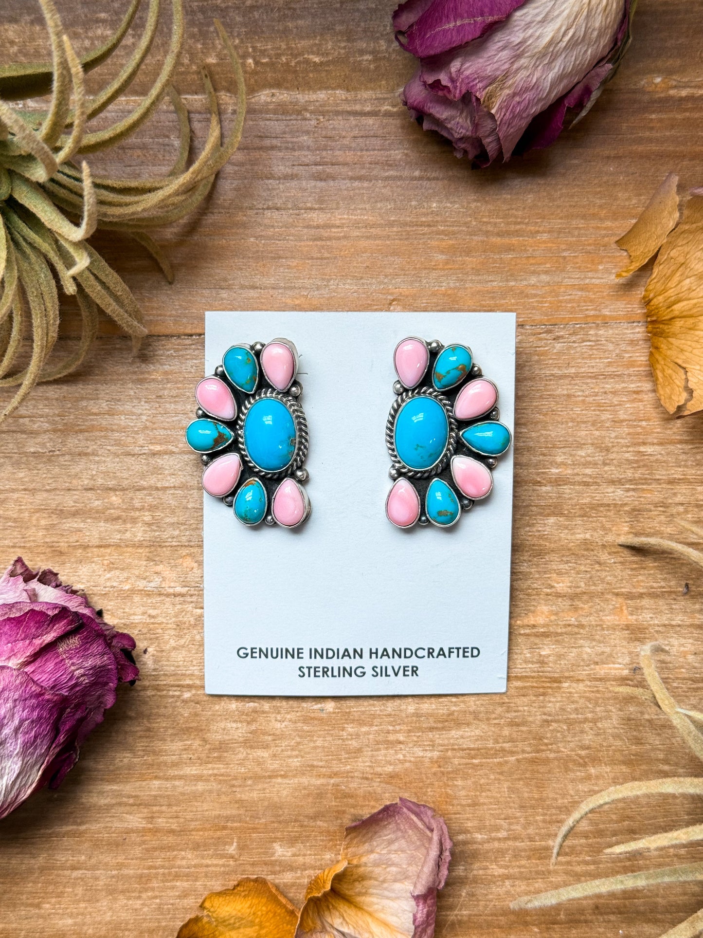 Sterling Silver Pink Conch & Kingman Turquoise Half Cluster Earrings – Native Made by E. Richards (Navajo Artist)