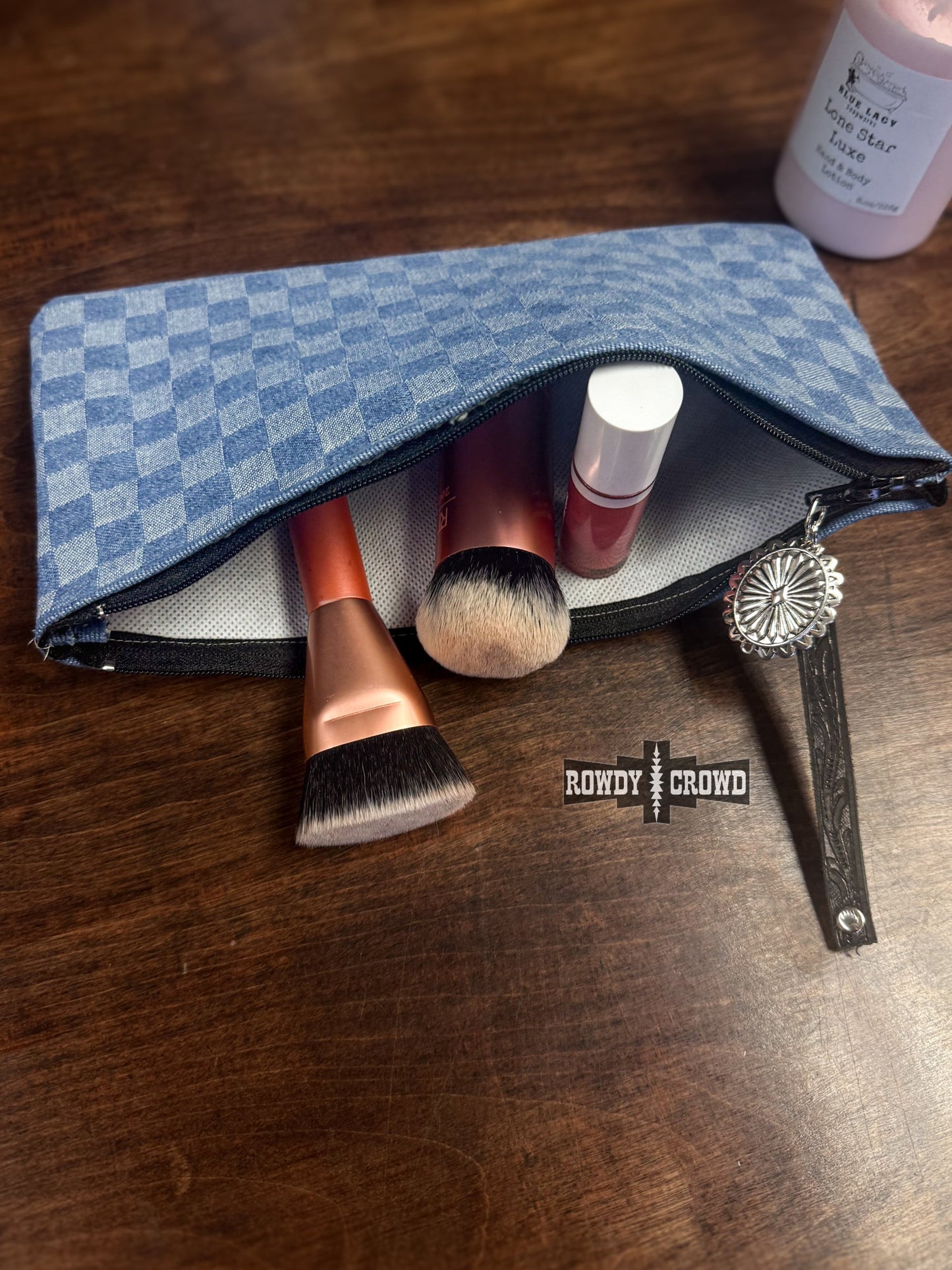 Checkered Denim Cosmetic Bag