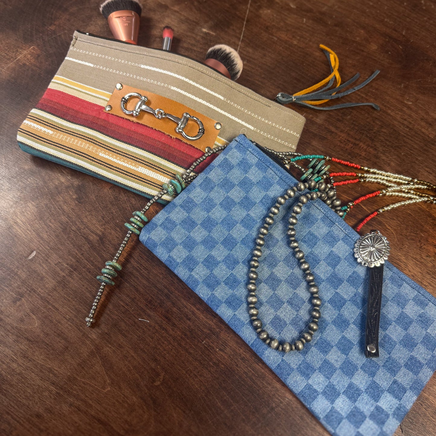 Checkered Denim Cosmetic Bag