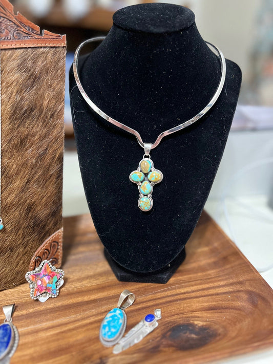 Navajo Handmade Kingman Genuine Turquoise Sterling Silver Pendant - Artist Marie Bahe